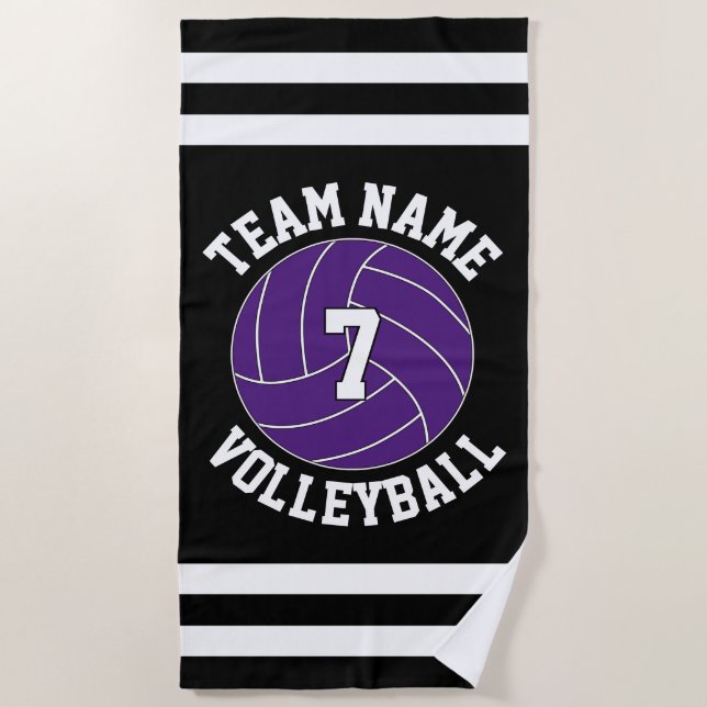 Purple Volleyball Team Name & Player Number Custom Beach Towel (Front)