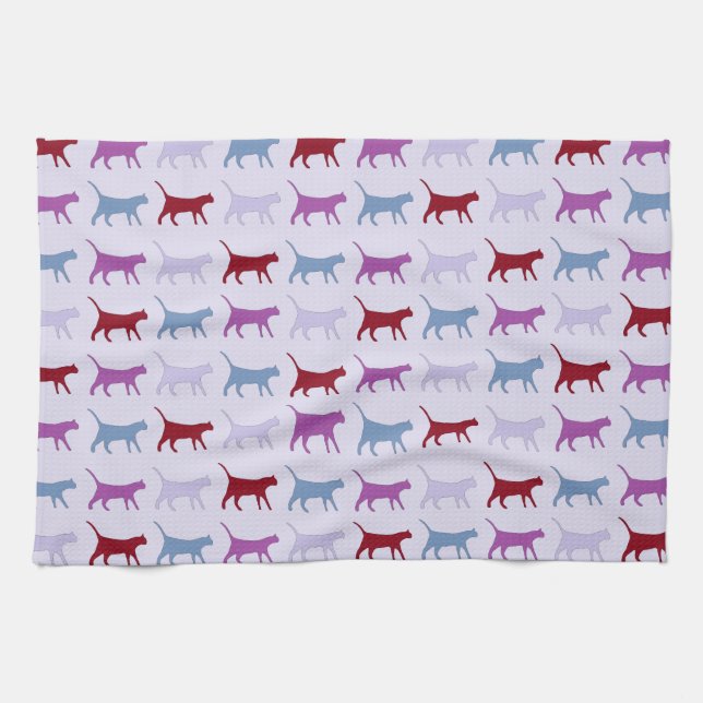 Purple Walking Cat Pattern Tea Towel (Horizontal)