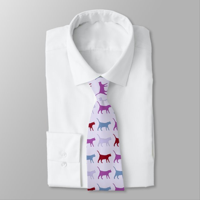 Purple Walking Cat Pattern Tie (Tied)