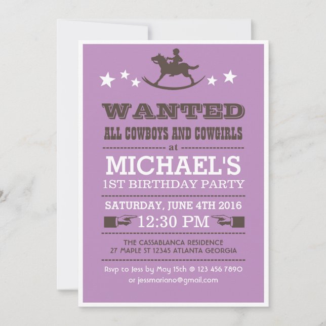 Purple Wanted Western Cowboy Birthday Invitation (Front)