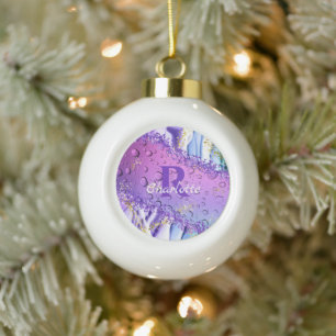 Purple Water Droplets   Blue and White Ombre Ceramic Ball Christmas Ornament