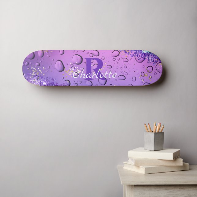 Purple Water Droplets | Blue and White Ombre Skateboard (Wall Art (Horz))