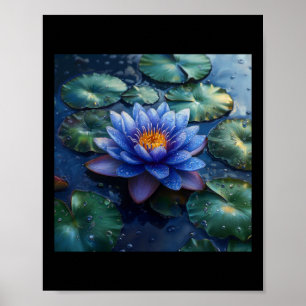 Purple Water Lily Flowers And Lily Pads On A Dark  Poster