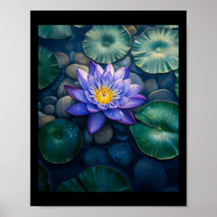 Purple Water Lily Flowers And Lily Pads On A Dark Poster