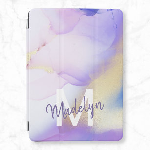Purple Watercolor Abstract Girly Luxury Monogram iPad Air Cover