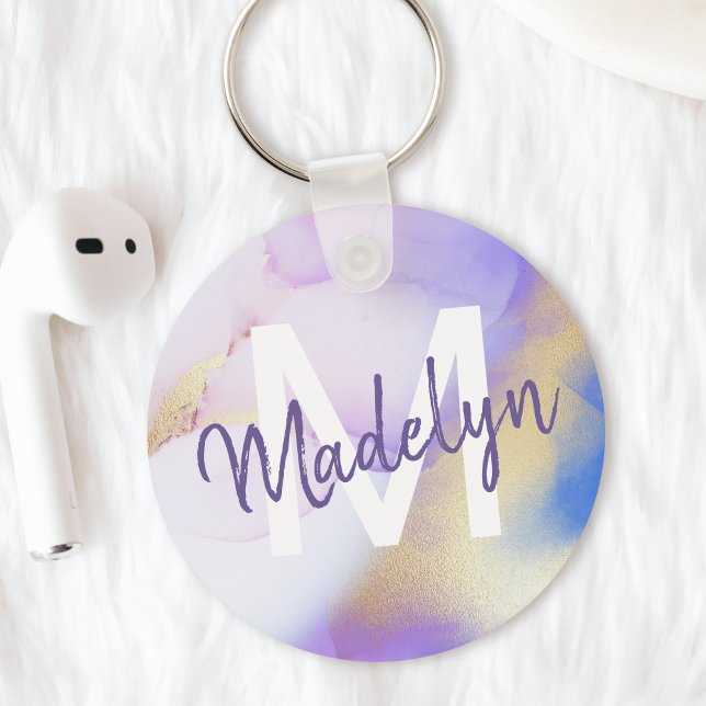 Purple Watercolor Abstract Girly Luxury Monogram Key Ring (Creator Uploaded)