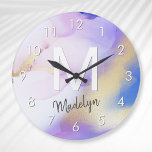 Purple Watercolor Abstract Girly Luxury Monogram Large Clock<br><div class="desc">Easily personalise this glamourous style abstract lilac watercolor paint and faux gold spray background with your custom details.</div>
