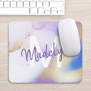 Purple Watercolor Abstract Girly Luxury Monogram Mouse Mat
