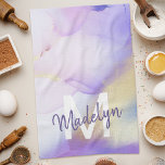 Purple Watercolor Abstract Girly Luxury Monogram Tea Towel<br><div class="desc">Easily personalise this glamourous style abstract lilac watercolor paint and faux gold spray background with your custom details.</div>