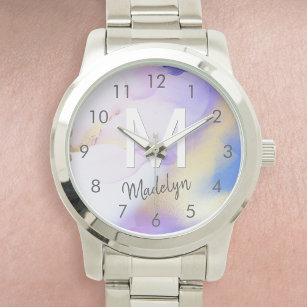 Purple Watercolor Abstract Girly Luxury Monogram Watch