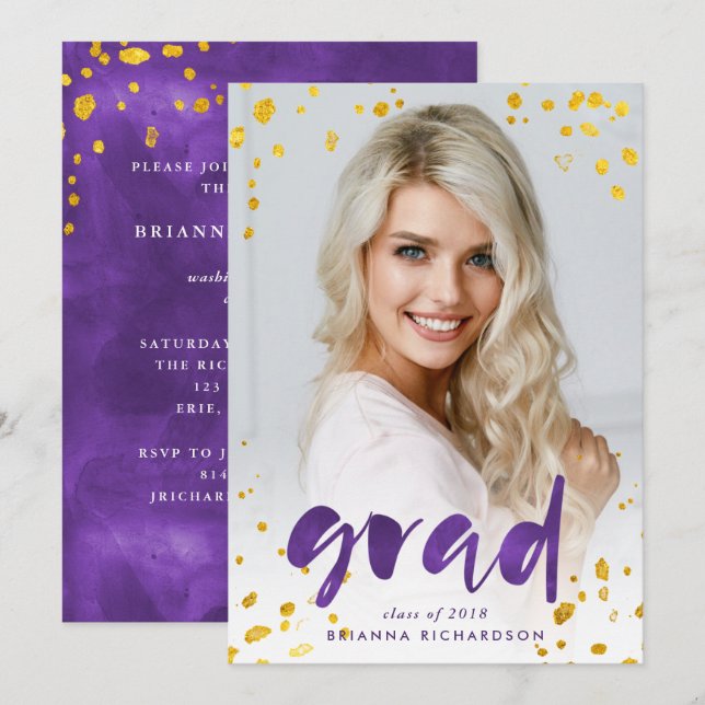 Purple Watercolor and Gold | Photo Grad Party Invitation (Front/Back)