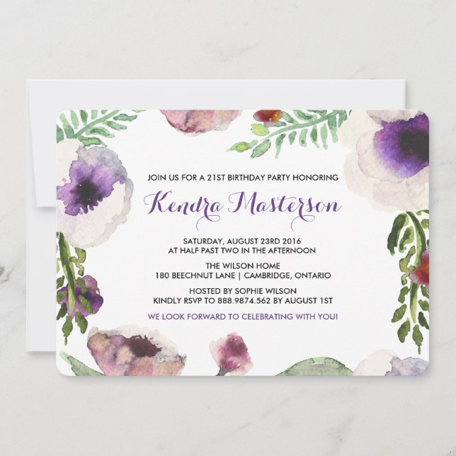 Purple Watercolor Anemone Birthday Invitation (Front)