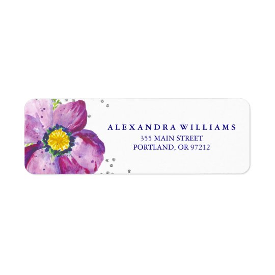 Purple Watercolor Anemone Flower Silver Glitter Return Address Label