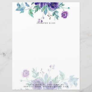 Purple watercolor anemone personalised stationery