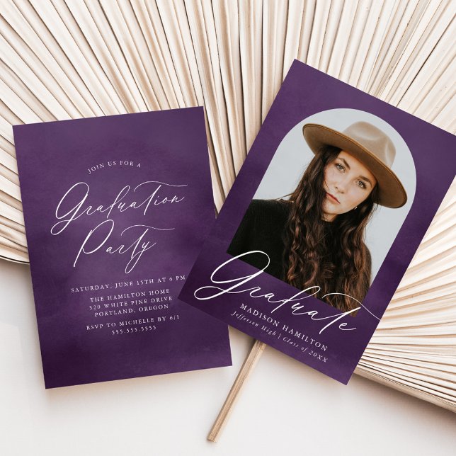 Purple Watercolor Arch Photo Graduation Party Invitation (Creator Uploaded)