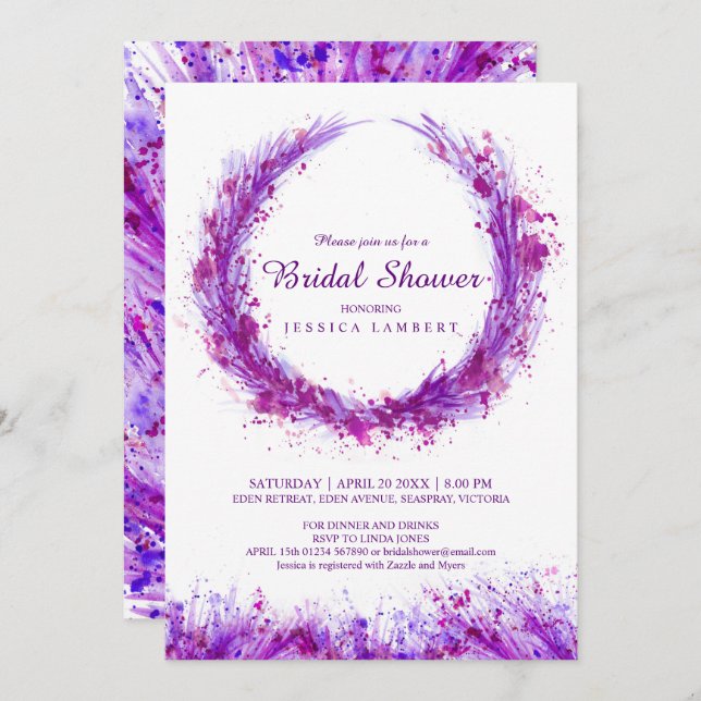 Purple watercolor art splat bridal shower invites (Front/Back)