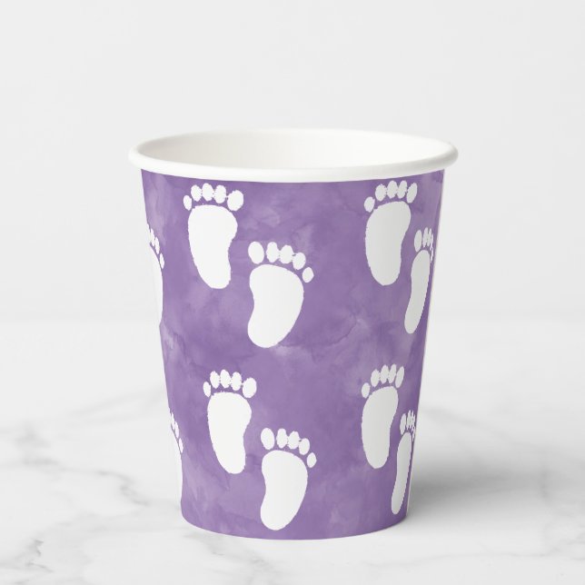 Purple Watercolor Baby Shower Footprint Pattern Paper Cups (Back)