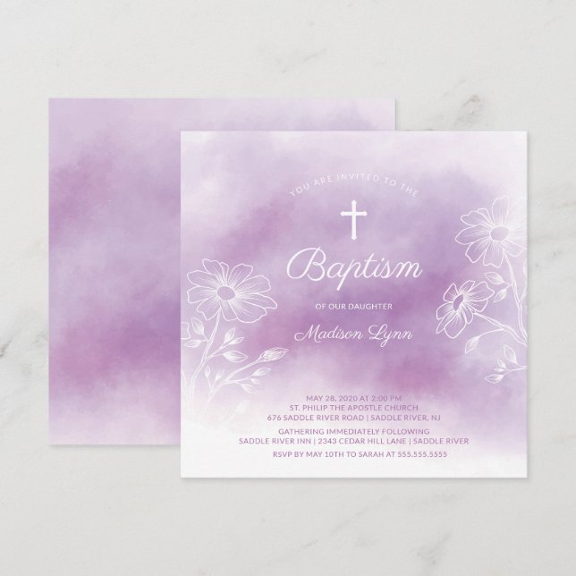 Purple Watercolor Baptism Christening Invitation (Front/Back)
