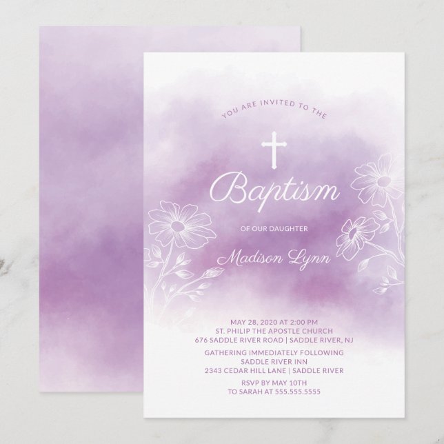 Purple Watercolor Baptism Christening Invitation (Front/Back)