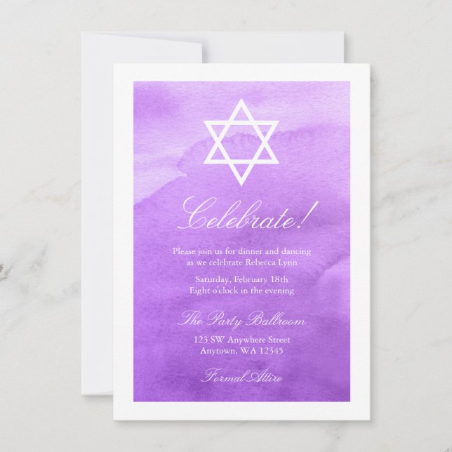 Purple Watercolor Bat Mitzvah Reception Invitation (Front)