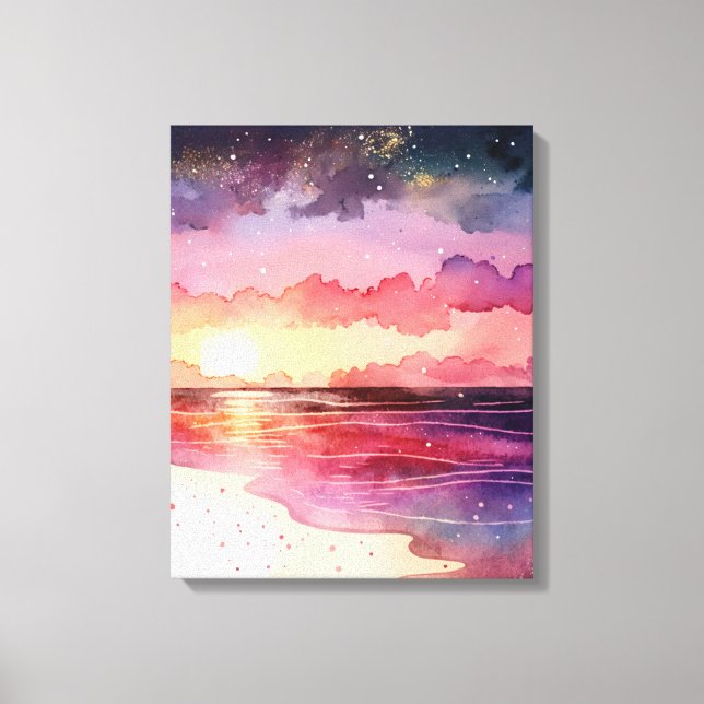 Purple Watercolor Beach Sunset Canvas Print (Front)