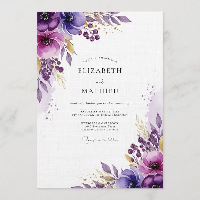Purple Watercolor Bloom Wedding Invitation (Front)