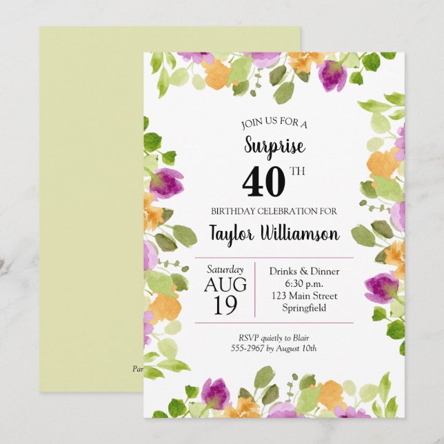Purple Watercolor Blooms Birthday Invitations (Front/Back)