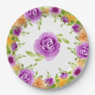 Purple Watercolor Blooms Floral Paper Plate