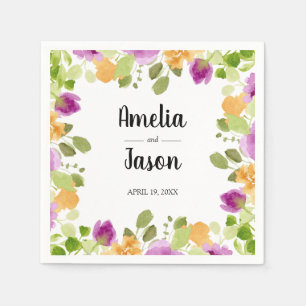 Purple Watercolor Blooms Floral Wedding Napkin
