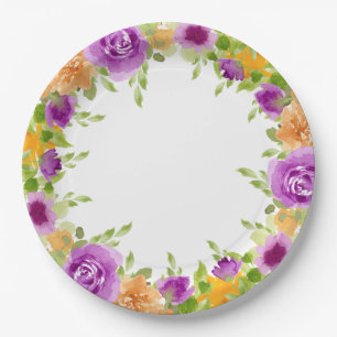 Purple Watercolor Blooms Floral Wedding Paper Plate