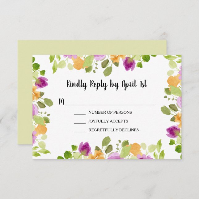 Purple Watercolor Blooms Wedding Reception Enclosure Card (Front/Back)