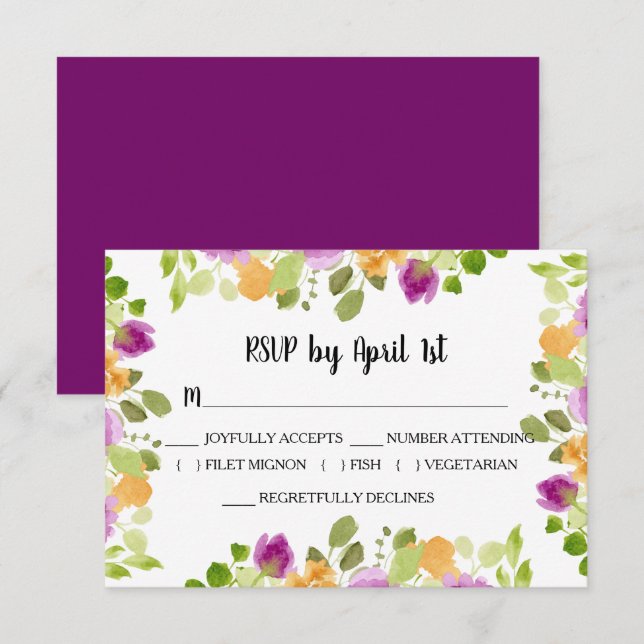 Purple Watercolor Blooms Wedding RSVP Card (Front/Back)