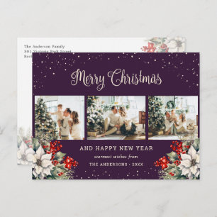 Purple Watercolor Botanical Snow Photo Collage Holiday Postcard