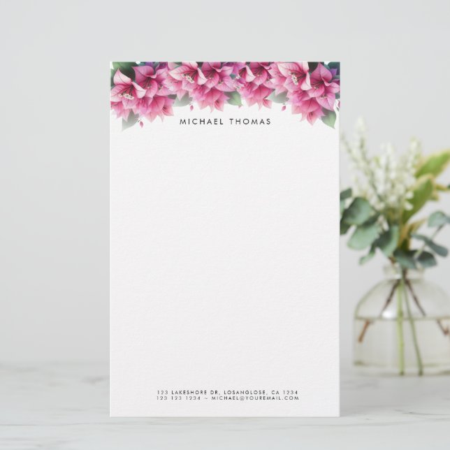 Purple Watercolor Bougainvillea Personalised Stationery (Standing Front)