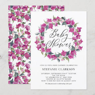 Purple Watercolor Bougainvillea Wreath Baby Shower Invitation