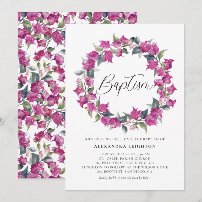 Purple Watercolor Bougainvillea Wreath Baptism Invitation (Front/Back)