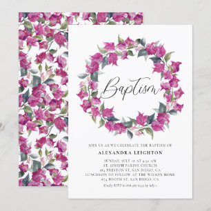 Purple Watercolor Bougainvillea Wreath Baptism Invitation