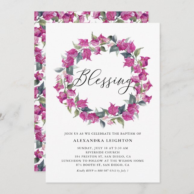 Purple Watercolor Bougainvillea Wreath Blessing Invitation (Front/Back)