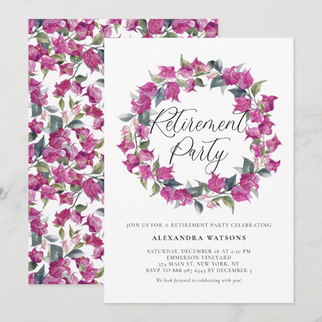 Purple Watercolor Bougainvillea Wreath Retirement Invitation (Front/Back)