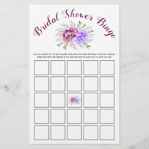 Purple watercolor bridal shower bingo game card