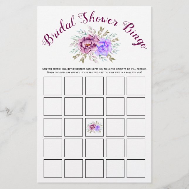 Purple watercolor  bridal shower bingo game card (Front)