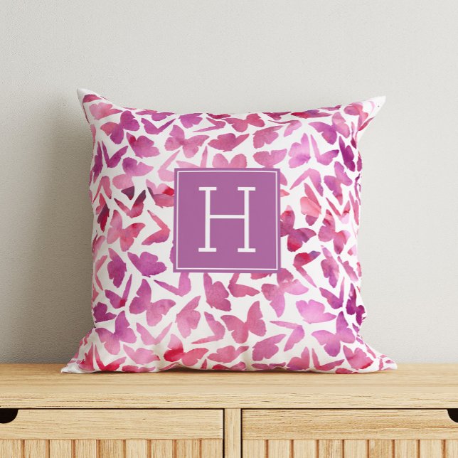 Purple Watercolor Butterflies Monogrammed Cushion (Creator Uploaded)