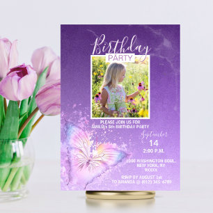 Purple Watercolor Butterfly Girl Birthday   PHOTO Invitation