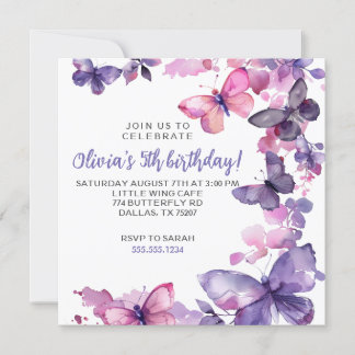 Purple Watercolor Butterfly Girl's Birthday Invitation