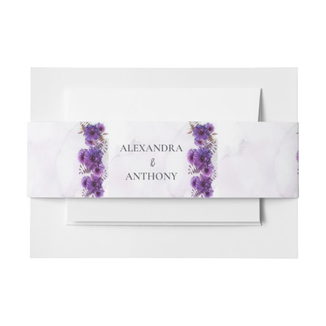 Purple Watercolor Chrysanthemum Wedding Invitation Belly Band (Front Example)