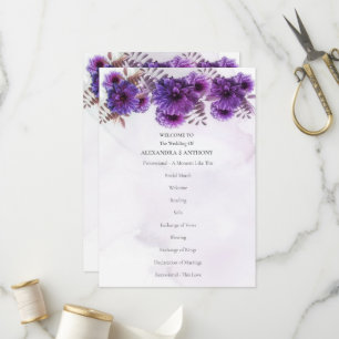 Purple Watercolor Chrysanthemum Wedding Programme