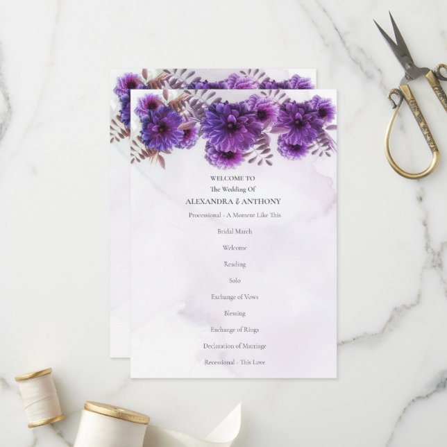 Purple Watercolor Chrysanthemum Wedding Programme (Front/Back In Situ)