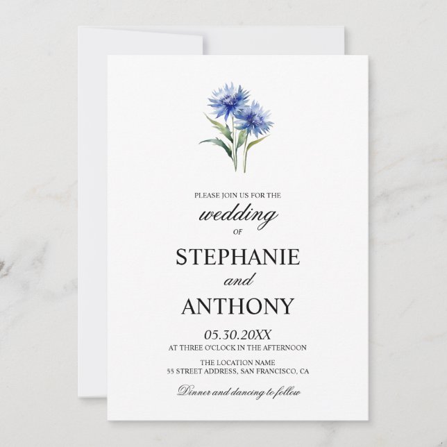Purple Watercolor Cornflower WIldflower Wedding Invitation (Front)