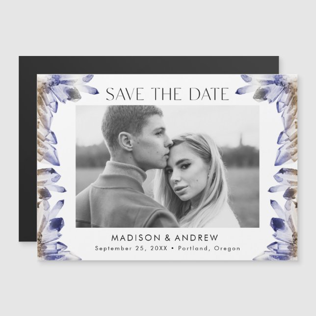 Purple Watercolor Crystals Photo Save the Date Magnetic Invitation (Front/Back)