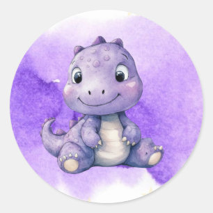 Purple Watercolor Cute Dinosaur Girl Baby Shower Classic Round Sticker